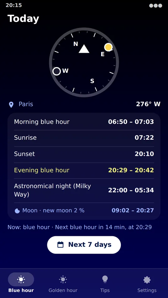 The Today screen: blue hour, sunrise and sunset times, with the compass